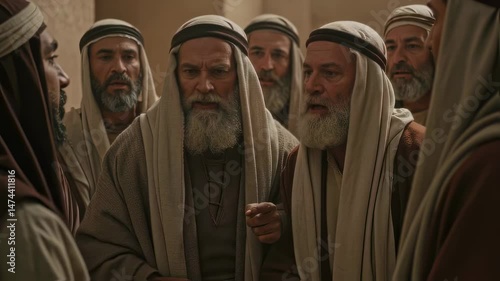 Group of men wearing ancient headdresses in heated discussion, as jewish priests and pharisees debating in old testament times, depicting biblicial conflict and religious themes	
