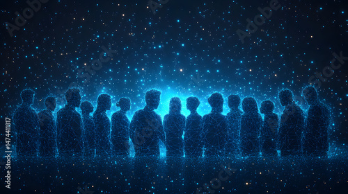 Abstract depiction of interconnected individuals, represented as glowing blue lines and points. A digital network of people against a dark, starlit background. Abstract wireframe in dark blue.