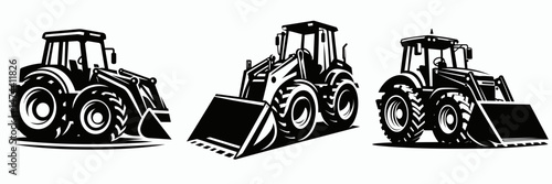 Tractor Loader. Construction Tools Builder Repair Renovation Worker Clipart Line Art Vector Illustration. Agricultural motor earthmoving equipment front end lift mechanism farm vehicle.