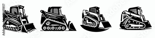 Track Loader. Construction Tools Builder Repair Renovation Worker Clipart Line Art Vector Illustration. Crawler vehicle heavy earthmoving equipment for excavation.