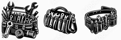 Tool Belt. Construction Tools Builder Repair Renovation Worker Clipart Line Art Vector Illustration. Gear apron trades essential rigging utility carrier.