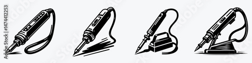 Soldering Iron. Construction Tools Builder Repair Renovation Worker Clipart Line Art Vector Illustration. Electrical junction tool joining metal via fusion heat applicator for projects.