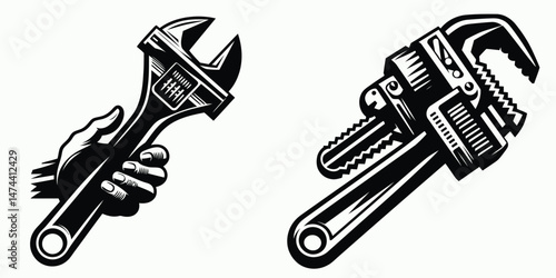 Scaffold Wrench. Construction Tools Builder Repair Renovation Worker Clipart Line Art Vector Illustration. Access framework tool adjusting bolt nut sturdy build installation aid.