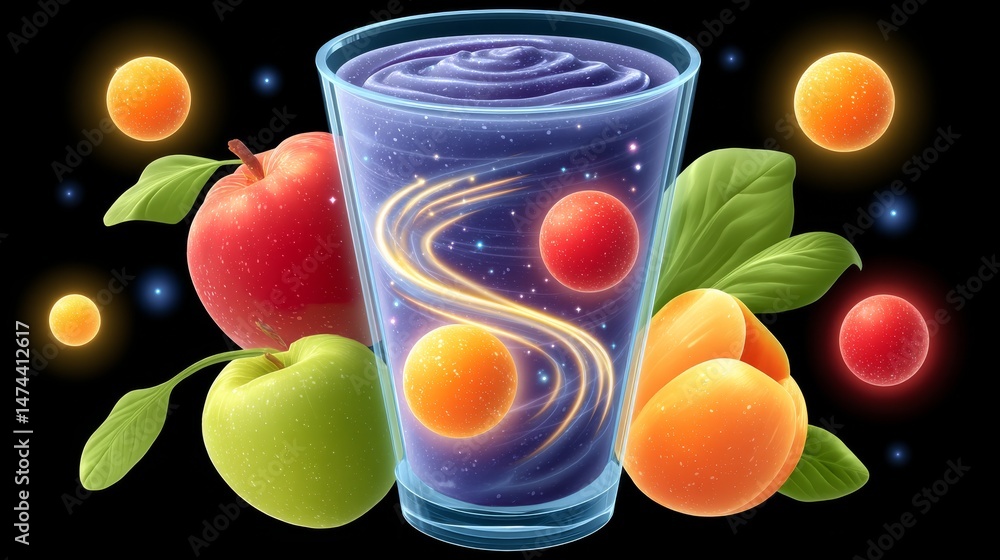 Fototapeta premium Vibrant Smoothie Swirling Into a Spiral Galaxy Surrounded by Fresh Fruits on a Dark Background
