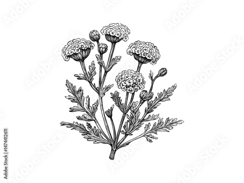 Black sketch of tansy wildflower, hand-drawn vintage botanical art, engraved floral design, trendy line art, antique floral decor, old engraving style, nature bloom illustration