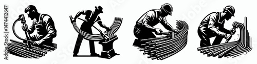 Rebar Bender. Construction Tools Builder Repair Renovation Worker Clipart Line Art Vector Illustration. Reinforcing bar forming device iron tool for precise curvature.