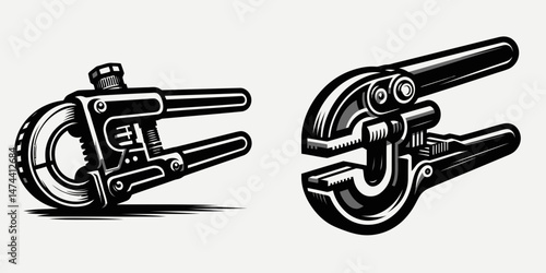 PVC Pipe Cutter. Construction Tools Builder Repair Renovation Worker Clipart Line Art Vector Illustration. Tubing shears for plastic conduit a fabrication instrument jobsite fitting.
