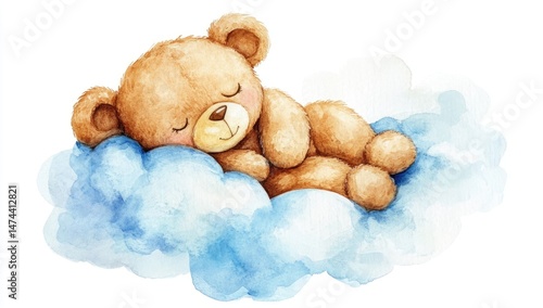 Watercolor cute and adorable baby teddy bear sleeping on a blue cloud, with a neutral white background.