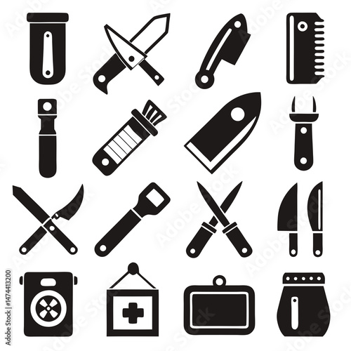 Black and white icons of kitchen, first aid objects