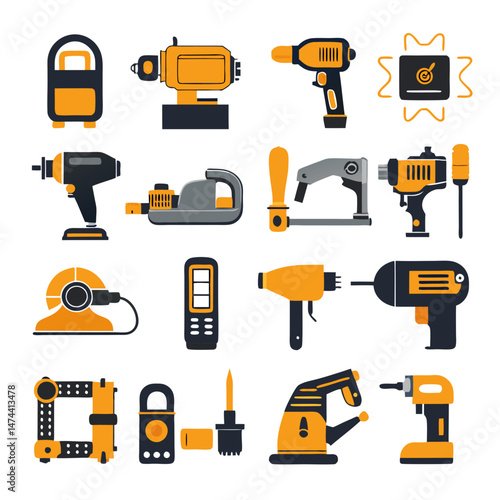Collection of isolated stylized tools, yellow and black color palette