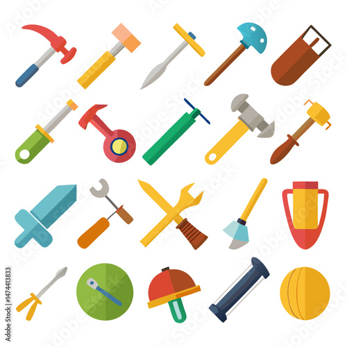 Collection of various colorful stylized construction and repair tools