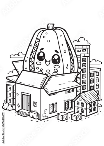 Coloring book papaya bursting out of a house-shaped box in a city. 