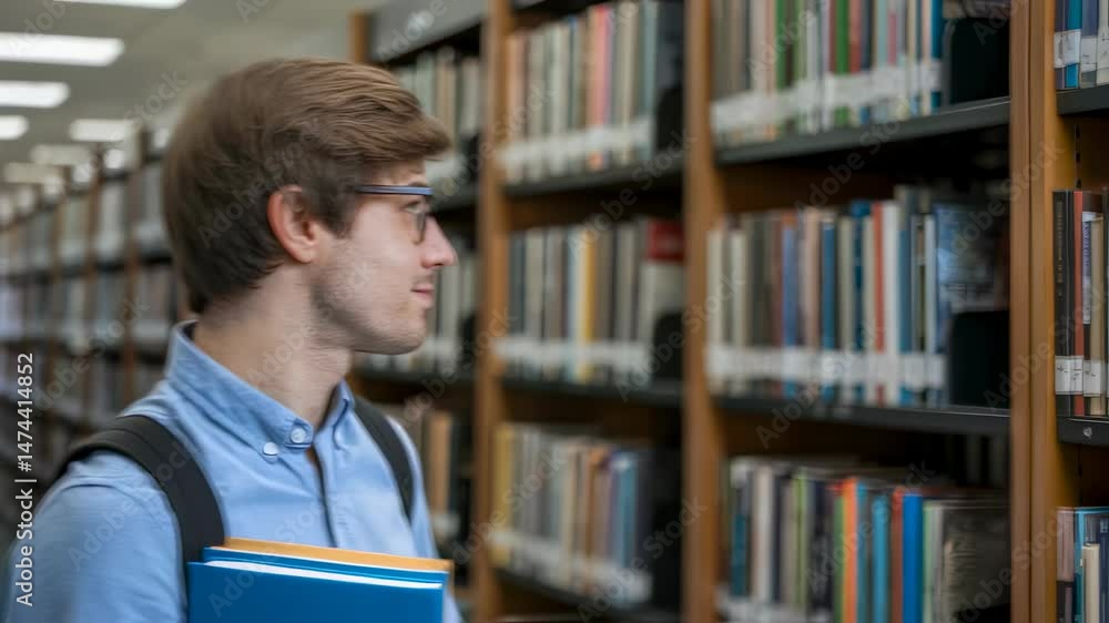 Man holding book in library. Portrait of smart student with backpack standing near bookshelf. Learning, education and literature, knowledge concept. Man holding book in library. Portrait of smart student with backpack standing near bookshelf. Learning, education and literature, knowledge concept.