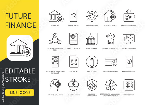 Editable stroke pack of future finance icons featuring AI banking smart contracts crypto transactions Web3 investments DeFi NFT DAO and digital wallets for fintech UI blockchain dashboards