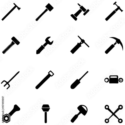 Collection of sixteen construction and industrial tool icons