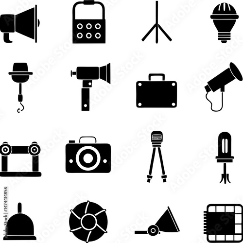 Studio Equipment Icons on White Background Simple Flat Design