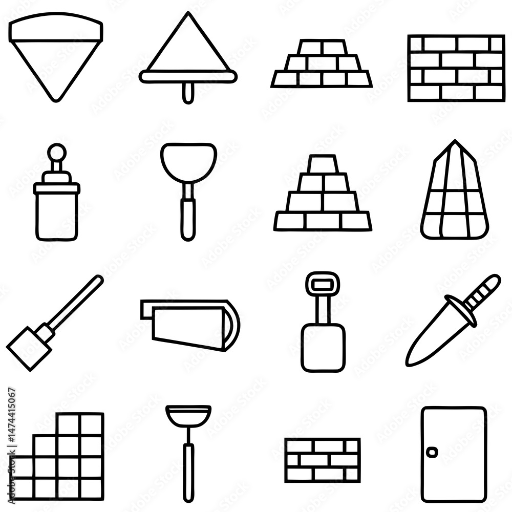 Obraz premium Icon set displaying construction and renovation objects in outline style