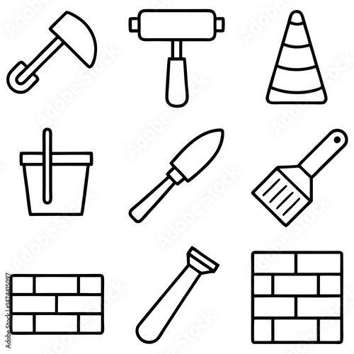 Construction tools line art set on white background