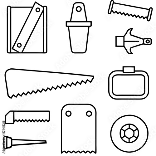 Various carpentry tools line art illustration on white backdrop