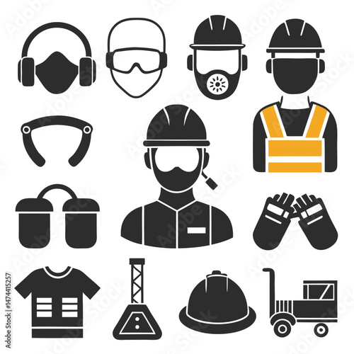 Construction worker safety equipment and apparel glyph icon set