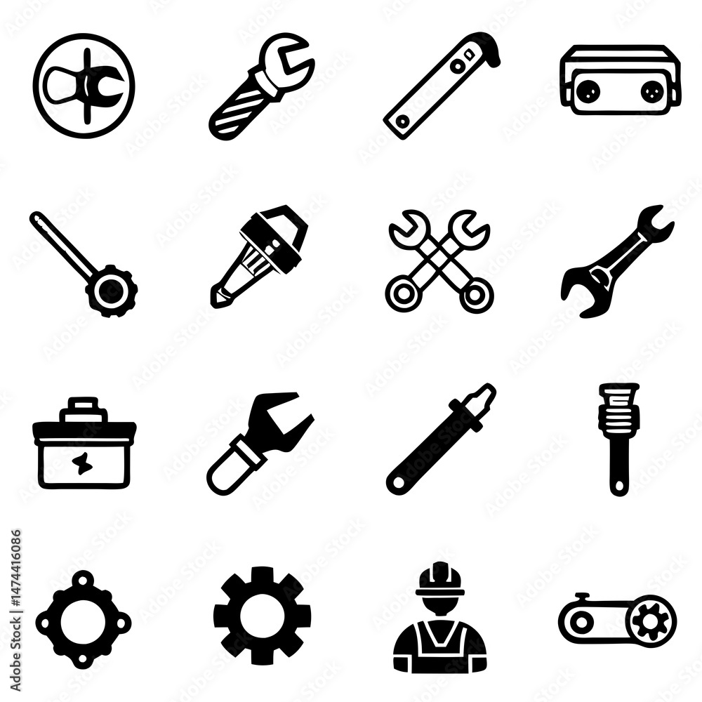 Fototapeta premium Assorted black and white tool icons on white background