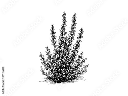 Heather flower botanical engraving, floral sketch, vintage style, retro flora art, trendy heather illustration, bloom decor, hand-drawn floral print, old-fashioned sketch, nature artwork