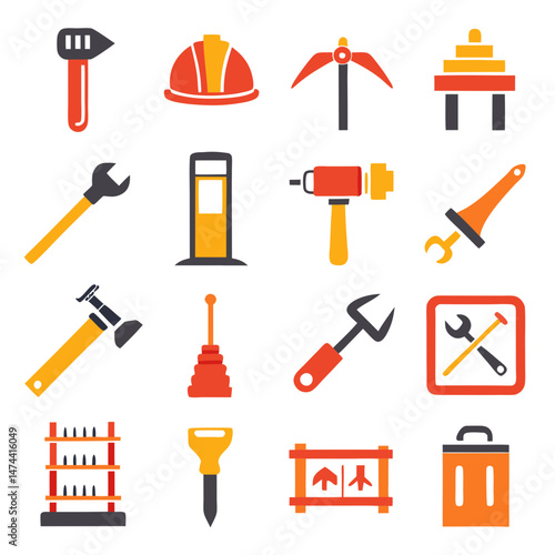 Variety of vibrant construction and repair tools icon set