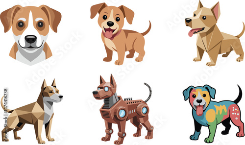 Adorable cartoon dog characters in various styles including origami and robotic designs
