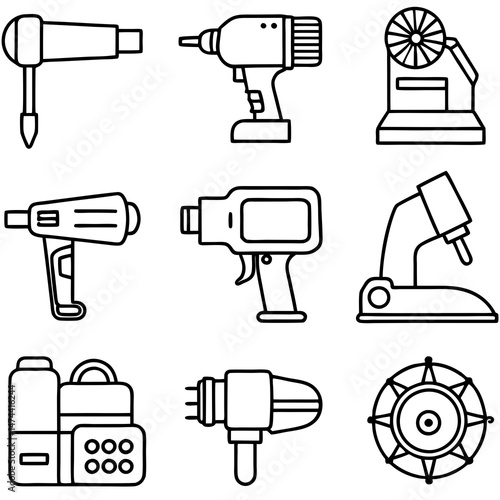 Line art illustration of various tools and equipment set