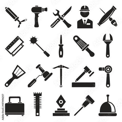 Black and white vector graphics of various construction equipment