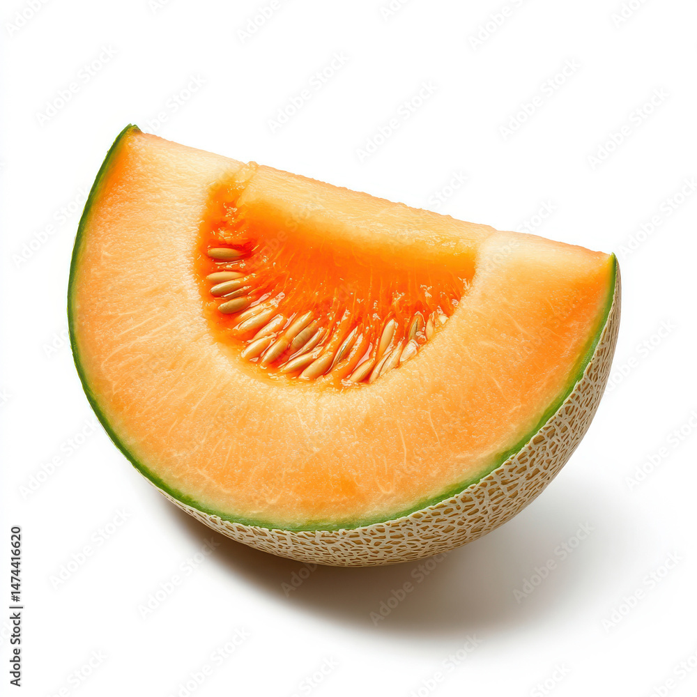 A sliced cantaloupe melon showcasing its vibrant orange flesh and seeds in the center, isolated on a white background. A sliced cantaloupe melon showcasing its vibrant orange flesh and seeds in the center, isolated on a white background.