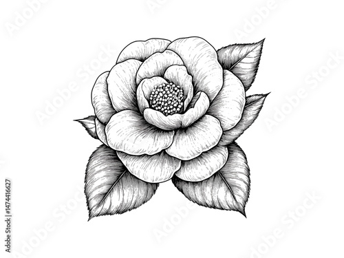 Engraving Style Camellia Flower, vintage botanical print, floral sketch, nature illustration, antique flower design, trendy bloom, black engraving, old style, floral decor, camellia art