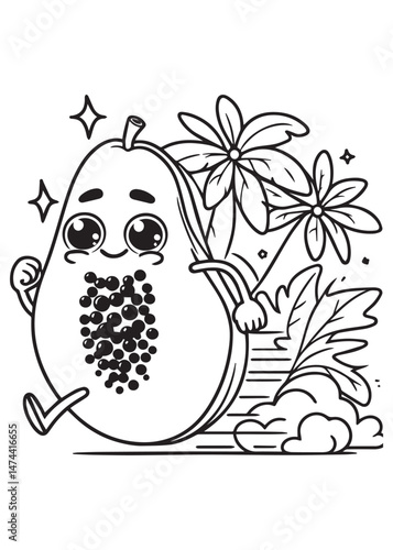 Coloring book papaya skipping with flowers and leaves.