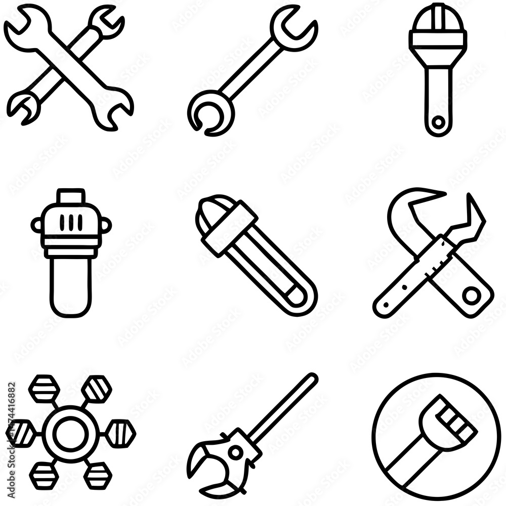 Obraz premium Various wrench and repair tool icons in simple outline