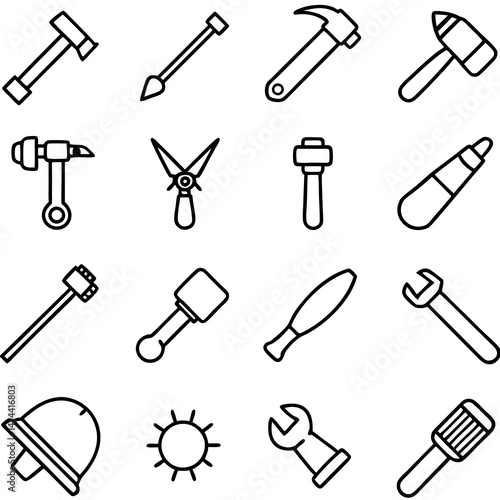 Outline tool icon set representing construction and repair work