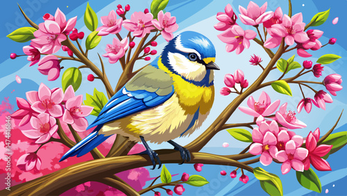  portrait bird perching on branch with flowers of blossom cherry tree. Blue tit. Parus caeruleus Very beautiful