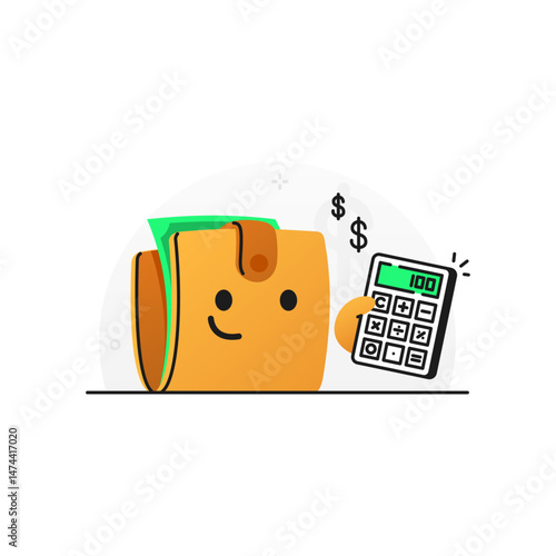 Flat illustration of happy wallet calculating finances