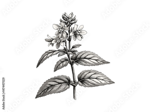 Hand-drawn vintage borage flower engraving, botanical bloom illustration, antique floral art, trendy decor, herbal plant sketch, black ink design, old engraving style print, flower artwork.