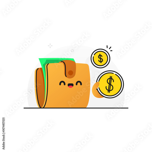 Cartoon Wallet with Money and Coins Illustration