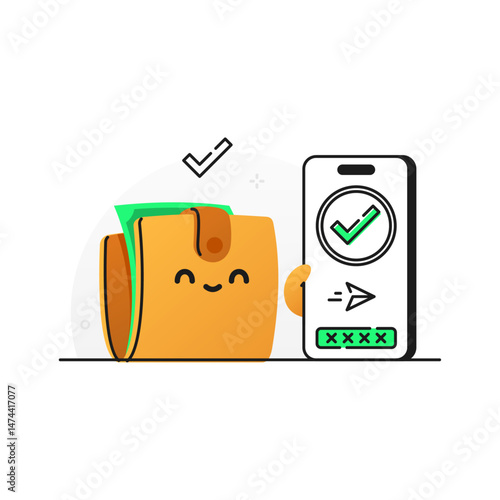 Cartoon Wallet with Mobile Payment Confirmation