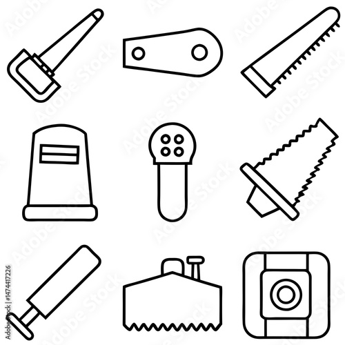 Black outline icons of woodworking tools isolated on white