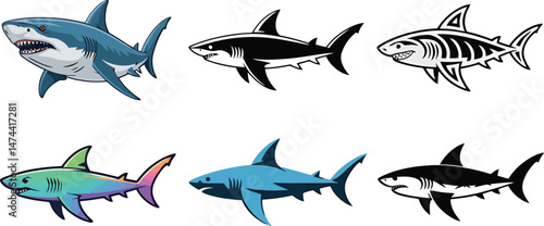 Diverse collection of cartoon shark illustrations in various colors and design styles