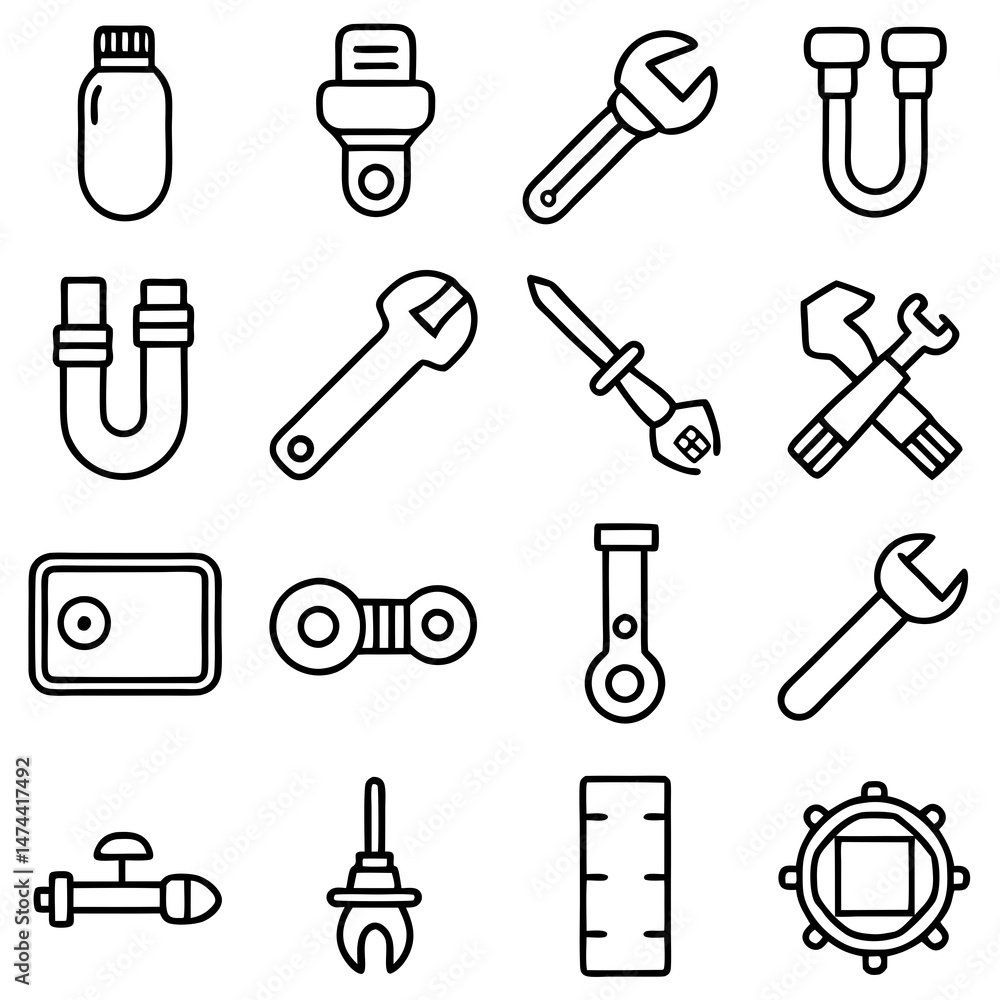 Obraz premium Line art illustration of industrial tools and equipment set