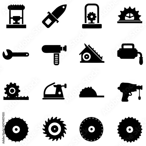 Silhouetted carpentry and machining tools and equipment collection