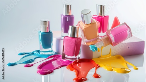 Nail polish. Bottles of colored nail polish, some of them leaking. Beauty industry	
