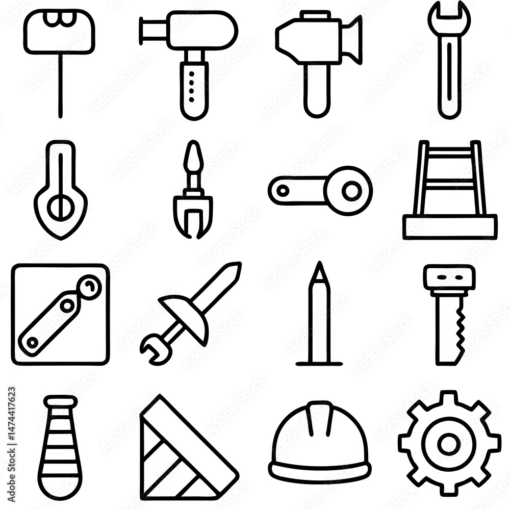 Outline icons showcasing construction and repair tools on white Outline icons showcasing construction and repair tools on white
