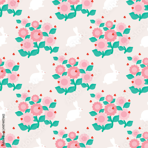 Flower and rabbit pattern for fabric and background, seamless pattern.