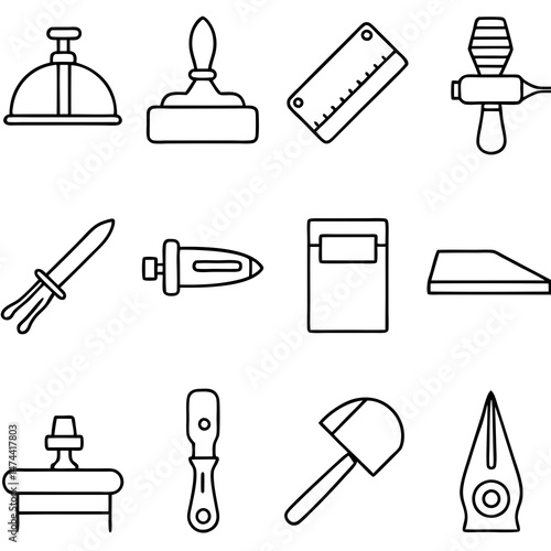 Assortment of black outline leather working tools illustrations