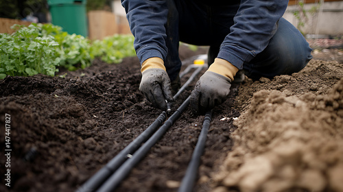 Gardener Installing Drip Irrigation System in Vegetable Garden