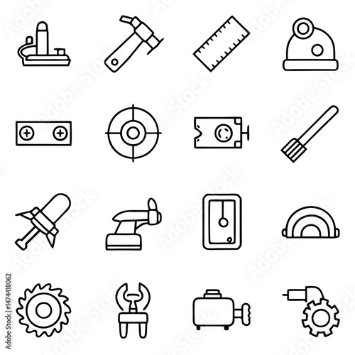 Line art icons of tools and equipment for industry